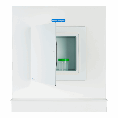 LaboLite® Labordurchreiche geöffnet mit eingesetztem Becher und Funktionsbeschriftung an der Wand